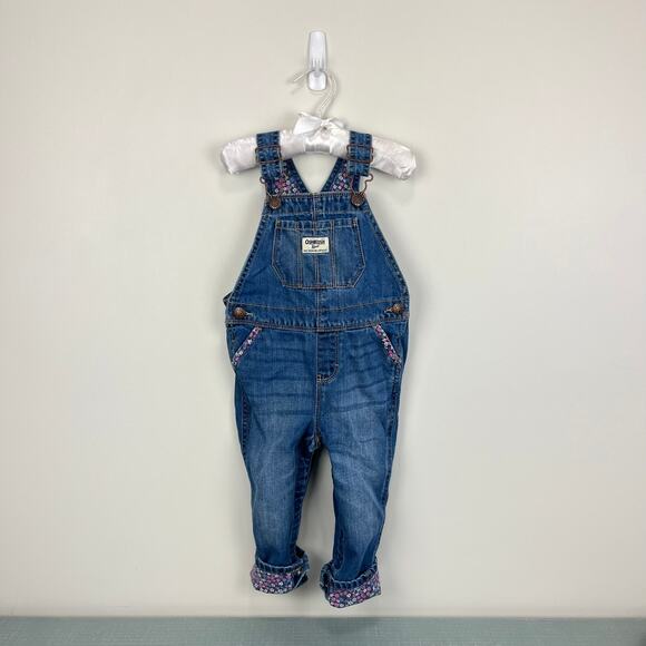 OshKosh B'gosh Floral Cuff Blue Jean Overalls 24 Months - Picture 1 of 9